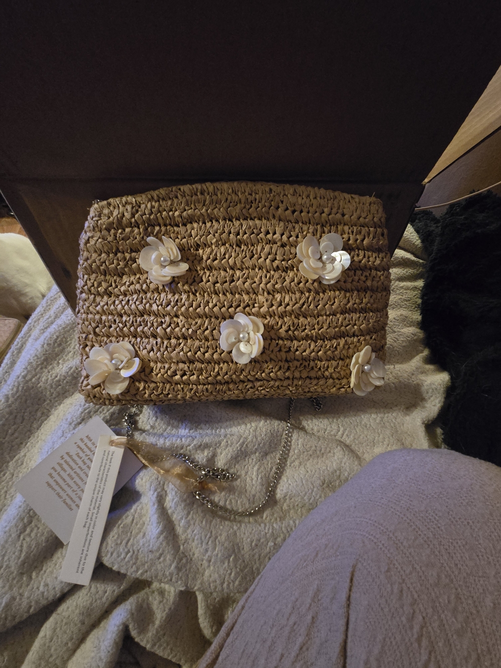 Woven Straw Crossbody Bag with White Floral Accents